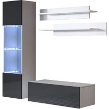 Mb Moebel - Mueble de salón con led Composición de salón tv Mueble tv Conjunto de Salón Ancho 160cm Modelo Luke 3C Blanco y Negro Acabado brillo