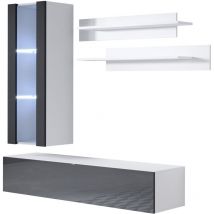 Mb Moebel - Mueble de salón con led Composición de salón tv Mueble tv Conjunto de Salón Ancho 160cm Modelo Luke 5C Blanco y Negro Acabado brillo