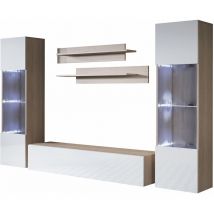 Muebles Bonitos - Mueble de salón con led Composición de salón tv Mueble tv Conjunto de Salón Ancho 260cm Modelo Luke 9E Sonoma Mate y Blanco Acabado