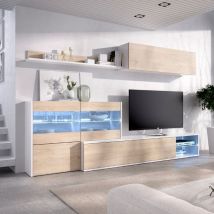Mobimarket - dekit - Composición de salón tv con vitrina y luz led color Blanco Brillo / Natural 180x260x41 cm modelo uma