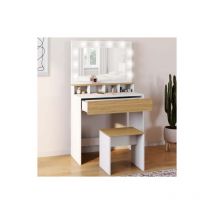 Idmarket - Mueble de tocador zelia blanco y haya con espejo led, 4 huecos, 1 cajón y taburete