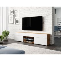 Bratex - Mueble de tv 180 cm carrera, mueble de televisión con iluminación led, color wotan/blanco brillo