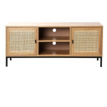 Mueble de TV 2 puertas con rejilla de ratán y 2 baldas - 120 cm de largo