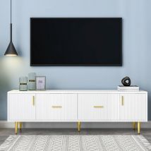 Mueble de TV con tiradores dorados, diseño elegante, puertas con diseño de rayas verticales, 2 cajones grandes, 170x40x50cm, color blanco
