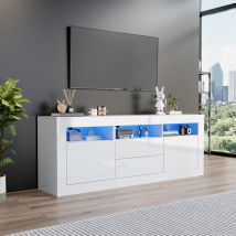 Neche - Mueble de tv de alto brillo de 160 x 35 x 60 cm con led, 3 compartimentos abiertos, 2 puertas + 2 cajones, control inteligente mediante