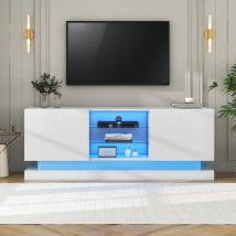 Neche - Mueble de tv led blanco esmerilado con estante de cristal ajustable, 7 compartimentos, cómoda para salón, 160 x 38,5 x 60 cm