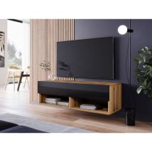 Bratex - Mueble De Tv Lowboard A 100 Cm, Mueble De Televisión Sin Iluminación Led, Dos Estanterías, Color Wotan / Negro Brillo