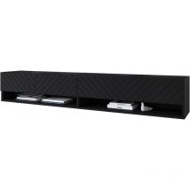 Mueble de tv Lowboard a 180 cm, mueble de televisión con iluminación led, dos estanterías, color negro espiga