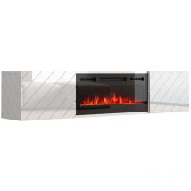 Mueble de TV Roxy 183 cm colgante tablero MDF blanco brillante con chimenea eléctrica negra