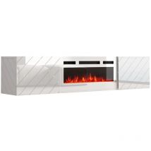 Mueble de tv Roxy 183 cm colgante tablero mdf blanco brillante con chimenea eléctrica blanca