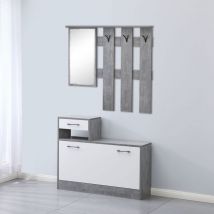 Mueble entrada con espejo y perchero en cemento y blanco 100 cm - Rudolf xl