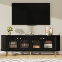 Mueble tv 170cm estilo minimalista escandinavo con 4 puertas de cristal, Mueble almacenaje salón, tiradores y patas dorados, Color Negro