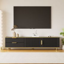 Neche - Mueble tv 175cm con textura grabada + tiradores dorados, mueble tv salón con 2 cajones + 2 amplios compartimentos almacenaje, color negro