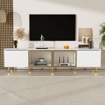 Modfu - Mueble tv blanco 170cm con 4 puertas (2 de ellas de cristal), mueble bajo, vitrina, patas doradas, mdf y aglomerado