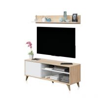 Mirakemueble - Mueble tv con estante Kikua Plus Blanco Artik (Blanco Mate) - Roble Canadian 135cm (ancho) x 50cm (alto)