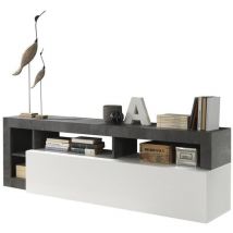 Mueble tv sefro - 1 puerta y 4 estantes - Blanco lacado y cemento
