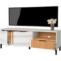 Mueble de TV Tokio Estilo Nórdico en Color Blanco Albo y Roble Rayado con 2 Puertas 1 Cajón 136 cm