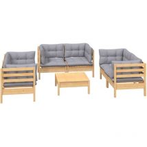 Muebles de jardín muebles de exterior juego de muebles de 7 piezas con cojines grises de madera maciza de pino