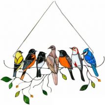 Multicolor Birds on a Wire Tall Stained Glass Suncatcher Window Hanging 7 Birds Penif Ornaments for Windows Doors Garden Home Spring Decorations