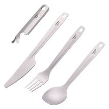 LIFCAUSAL : Set de couverts titane 4-en-1 léger - Cuillère, fourchette, couteau et ouvre-bouteille avec étui multifonction pour camping, randonnée et