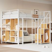 Okwish - Multifunktionales Hochbett 140 x 200 cm, Metallbett mit Stauraum, Regalen und Treppe, Erwachsenenbett und Kinderbett