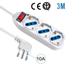 Multipresa Ciabatta Elettrica Cavo 3M Con 3 Posti Prese Universale 10/16A Schuko e Interruttore Spina 10A Laterale Bianco