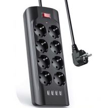 Kinsi - Steckdosenleiste mit 8 Steckdosen, USB-Steckdosenleiste, 2500 W/13 a, Schwarz