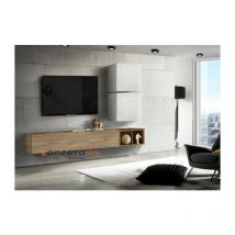 Zenzero Shop - Mur de salon moderne, chêne stelvio, cubes miel et blanc brillant