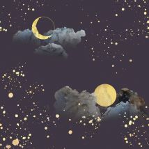 Muriva Night Sky Navy Blue Gold Wallpaper Stars Moon Clouds Metallic Gold Modern