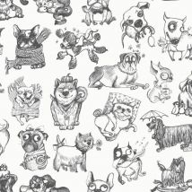 Muriva - Pooches Black White Wallpaper Dogs Cute Animal Print Feature Wall