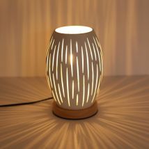 Goeco - Nachttischlampe E27, Tischlampe mit Holzsockel und hohlem Metallschirm, dekorative Schreibtischlampe für Schlafzimmer, Bar, Kinderzimmer,