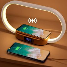 Nachttischlampe mit kabellosem Ladegerät, Touch mit USB-Anschluss, Induktionsladegerät mit Uhr, Tischlampe mit 3 Farbmodi und dimmbar, Holz & Weiß
