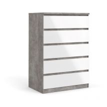Nada Kommode hoch mit 5 Schubladen, beton dekor,weiss hochglanz.
