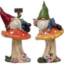 Nain de Jardin Drôle Ensemble de 2 Figurines de Jardin Nain de 17cm Allongé sur Les Champignons en Résine Synthétique avec Signe de Bienvenue Nain de