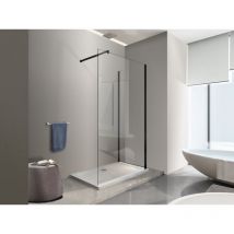 Nala - Pared de ducha angular walk-in de 200 cm de altura, vidrio transparente de 8 mm, marco negro con accesorios - 90X110 reversible