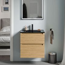 Waschtischunterschrank Bernstein VIREO 60 cm mit Waschbecken Schwarz - Badmöbelfarbe Eiche Honiggold