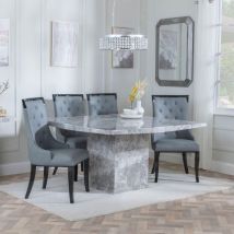 Naples Black Marble Dining Set - Lion Knocker Back Blue Dining Chair with Chrome Legs 180cm Table with 8 Chairs