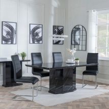 Naples White Marble Dining Set - Knocker Back Grey Dining Chair with Black Wooden Legs 200cm Table with 6 Chairs