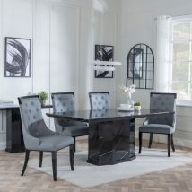 Naples White Marble Dining Set - Lion Knocker Back Blue Dining Chair with Black Wooden Legs 180cm Table with 8 Chairs