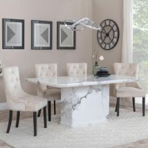 Naples White Marble Dining Set - Lion Knocker Back Blue Dining Chair with Chrome Legs 200cm Table with 4 Chairs