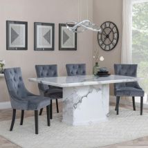 Naples White Marble Dining Set - Lion Knocker Back Blue Dining Chair with Chrome Legs 200cm Table with 6 Chairs