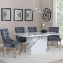 Naples White Marble Dining Set - Lion Knocker Back Grey Dining Chair with Chrome Legs