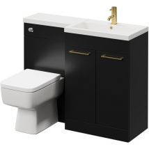390 Combination Matt Black 1100mm Vanity Unit Toilet Suite with Right Hand l Shaped 1 Tap Hole Basin and 2 Doors with Brushed Brass Handles - Napoli