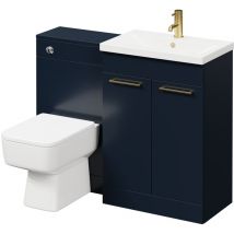 390 Deep Blue 1100mm Vanity Unit Toilet Suite with 1 Tap Hole Basin and 2 Doors with Brushed Brass Handles - Deep Blue - Napoli