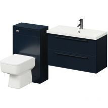 390 Deep Blue 1300mm Wall Mounted Vanity Unit Toilet Suite with 1 Tap Hole Basin and 2 Drawers with Gunmetal Grey Handles - Deep Blue - Napoli