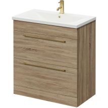 Bordalino Oak 800mm Floor Standing Vanity Unit with 1 Tap Hole Basin and 2 Drawers with Brushed Brass Handles - Bordalino Oak - Napoli