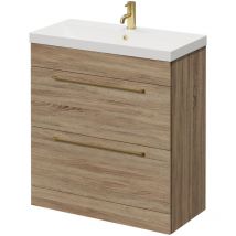 Napoli - Bordalino Oak 800mm Floor Standing Vanity Unit with 1 Tap Hole Slim Edge Basin and 2 Drawers with Brushed Brass Handles