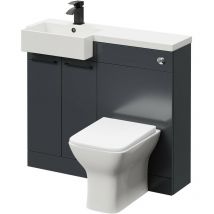 Combination Gloss Grey 1000mm Vanity Unit Toilet Suite with Left Hand Square Semi Recessed 1 Tap Hole Basin and 2 Doors with Matt Black Handles