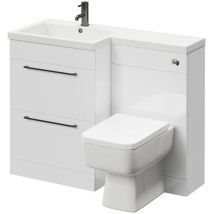 Combination Gloss White 1100mm Vanity Unit Toilet Suite with Left Hand l Shaped 1 Tap Hole Basin and 2 Drawers with Gunmetal Grey Handles - Gloss