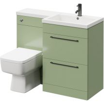 Napoli Combination Olive Green 1100mm Vanity Unit Toilet Suite with Right Hand L Shaped 1 Tap Hole Basin and 2 Drawers with Gunmetal Grey Handles